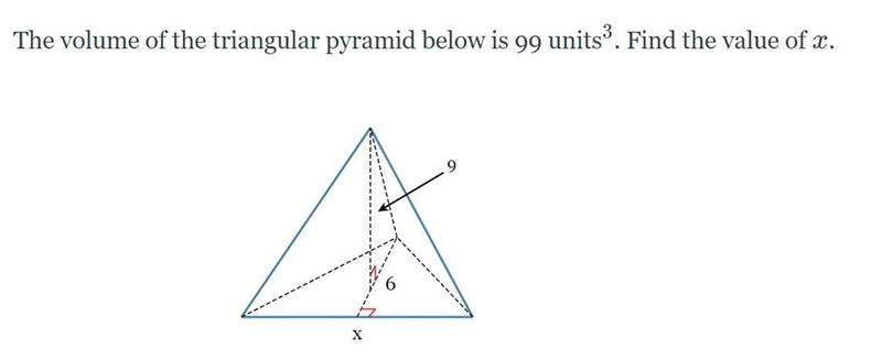 The volume of the triangular pyramid below is 99 units^3. Find the value of x.-example-1