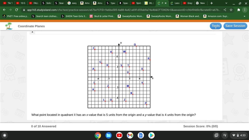 What point located in quadrant II has an x-value that is 5 units from the origin and-example-1