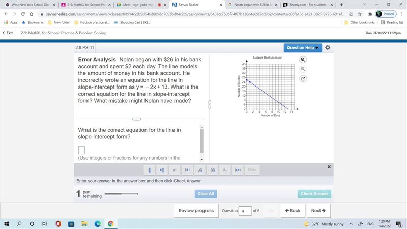 Nolan began with ​$26 in bank account and spent ​$2 each day. The line models the-example-1