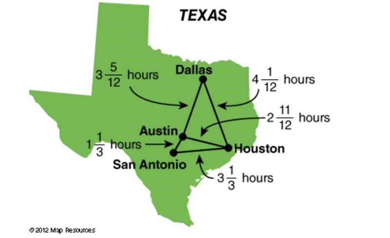 The following map shows the time it takes to drive between four cities in Texas. How-example-1