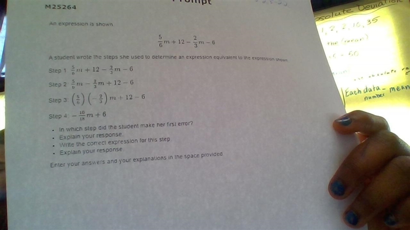 An expression is shown 5/6 m + 12 - 2/3 m-6 a student wrote the steps she used to-example-1