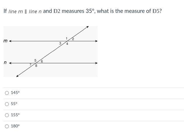 If line m || line n and Ð2 measures 35°, what is the measure of Ð5?-example-1