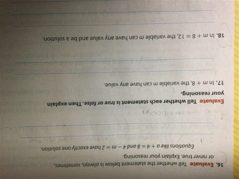 In m + 8, the variable can have any value. In m + 8 = 12, the variable m can have-example-1