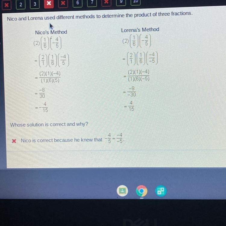 Nico and Lorena used different methods to determine the product of three fractions-example-1