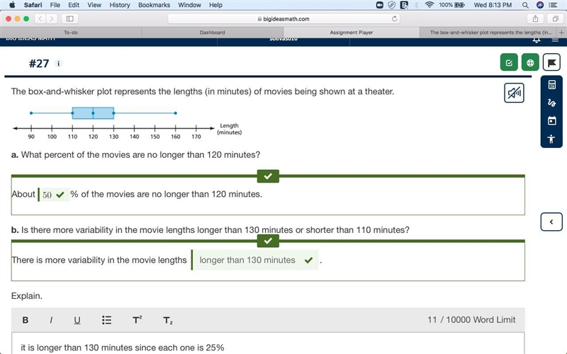 The box-and-whisker plot represents the lengths (in minutes) of movies being shown-example-1