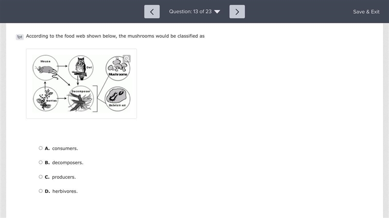 According to the food web shown below, the mushrooms would be classified as-example-1