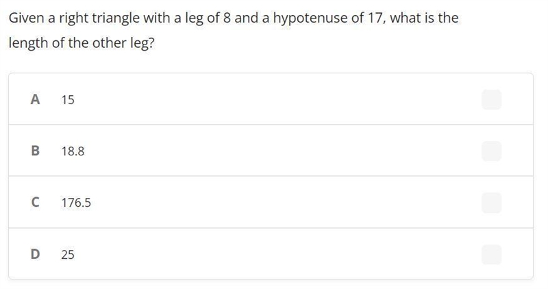 Given a right triangle with a leg of 8 and a hypotenuse of 17, what is the length-example-1