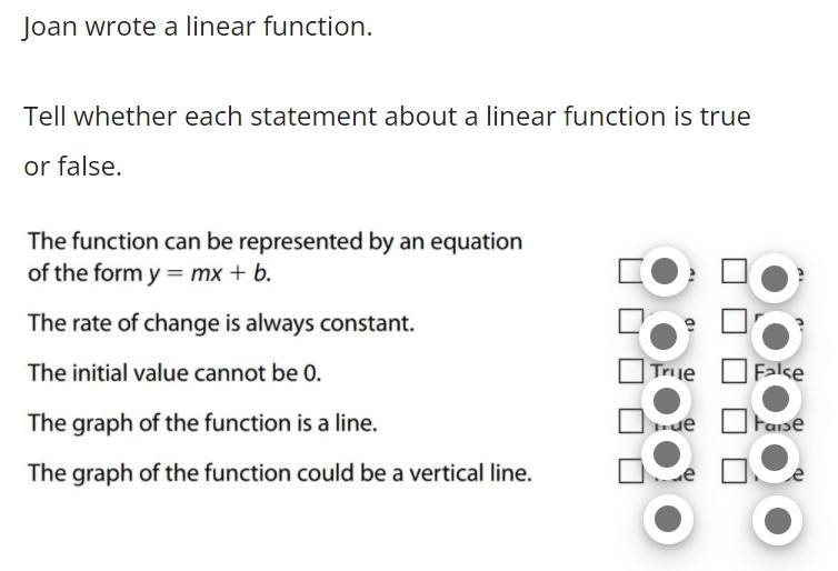 Joan wrote a linear function. Tell whether each statement about a linear function-example-1