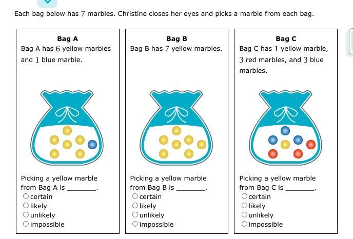 Each bag below has 7 marbles. Christine closes her eyes and picks a marble from each-example-1