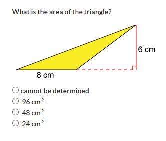 What is the area of the triangle? Cannot be determined 96 cm\\^(2) 48 cm\\^(2) 24 cm-example-1