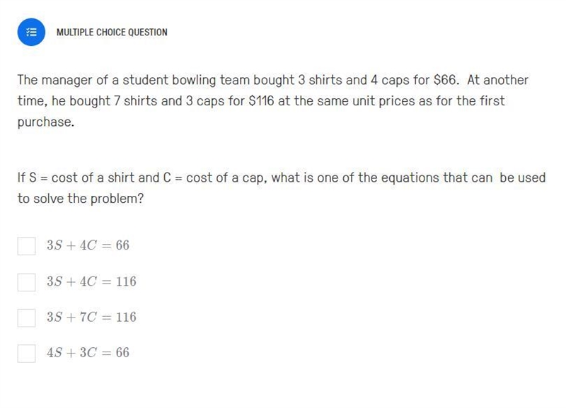 The manager of a student bowling team bought 3 shirts and 4 caps for $66. At another-example-1