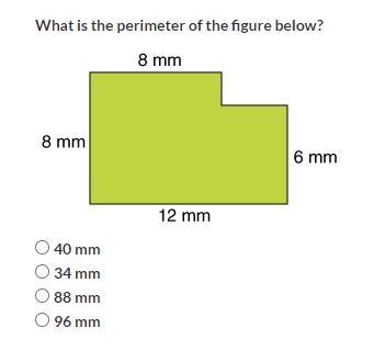 What is the perimeter of the figure below? 40 mm 34 mm 88 mm 96 mm-example-1