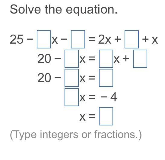 Use the Distributive Property to solve the equation 25−(3x+5)=2(x+8)+x.-example-1