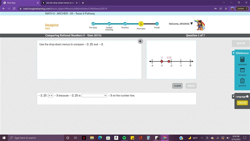 Use the drop-down menus to compare −2.25 and −3.-example-1