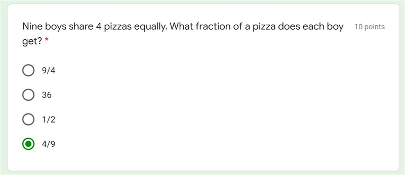 Nine boys share 4 pizzas equally. What fraction of a pizza does each boy get? I have-example-1