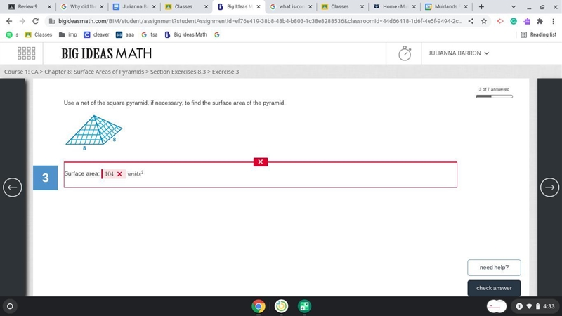 Use a net of the square pyramid, if necessary, to find the surface area of the pyramid-example-1