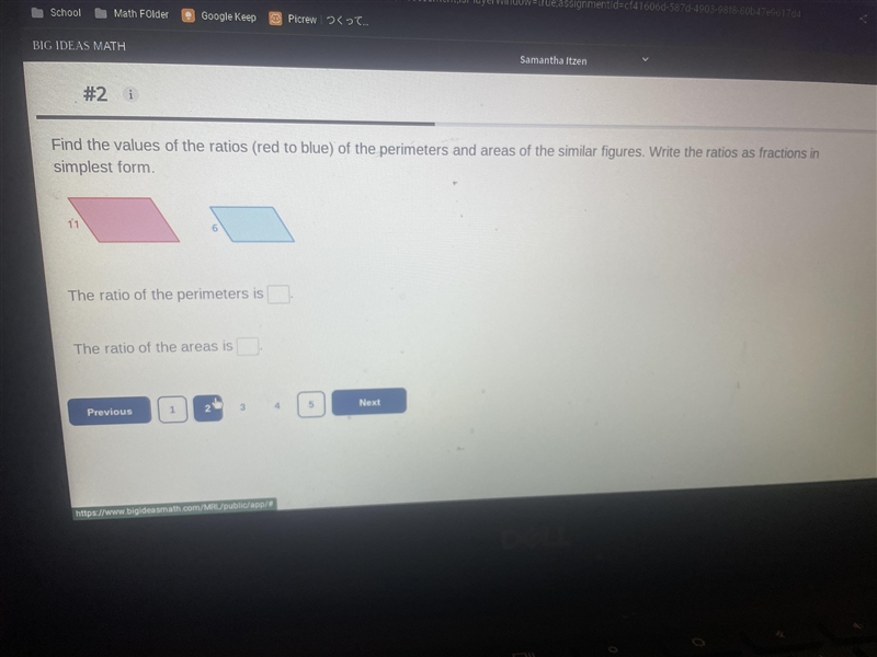 Find the values of the ratios (red to blue) if the perimeters and areas of the similar-example-1