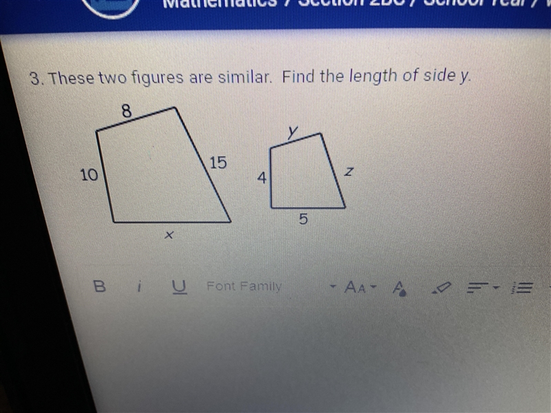 These two figures are similar. Find the length of side y.-example-1