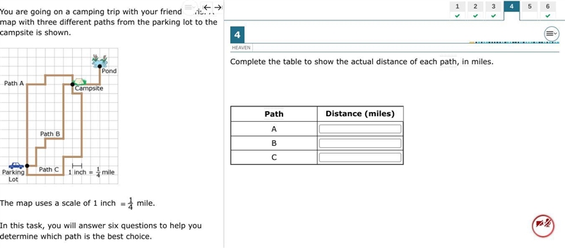 Complete the table to show the actual distance of the paths,in miles-example-1