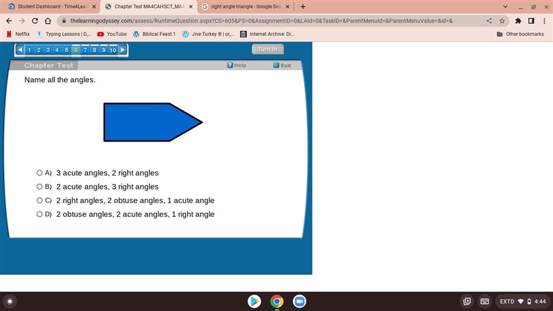 Name all the angles. A. 3 acute angles, 2 right angles B. 2 acute angles, 3 right-example-1