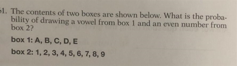 The contents of two boxes are shown below. What is the probability of drawing a vowel-example-1