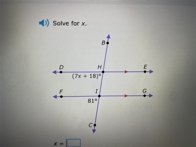 Hey! I have a assignment due on transversals of parallel lines: solve for x. If someone-example-1