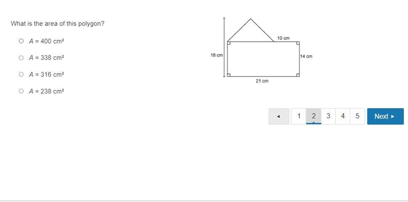 What is the area of this polygon? A = 400 cm² A = 338 cm² A = 316 cm² A = 238 cm²-example-1