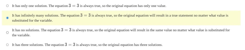 Saskia is solving an equation in one variable and gets the equivalent equation 3=3. Assuming-example-1