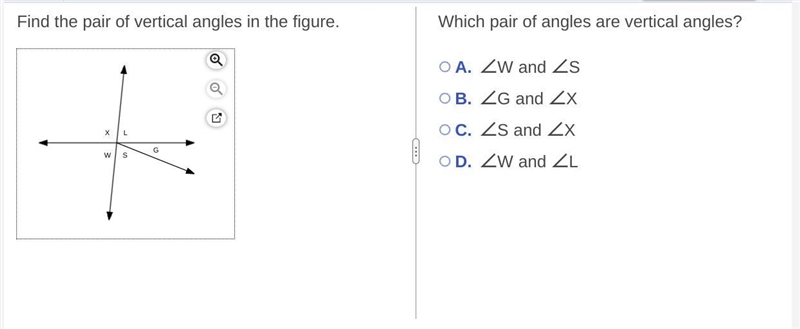 Which pair of angles are vertical​ angles?-example-1