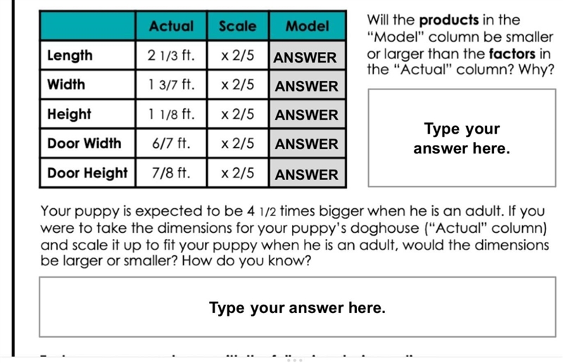 Needing answers! The puppy’s length: 1 1/3 feet The puppy’s height: 3/4 foot The puppy-example-1