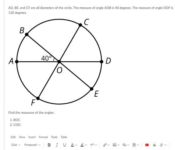 AD, BE, and CF are all diameters of the circle. The measure of angle AOB is 40 degrees-example-1