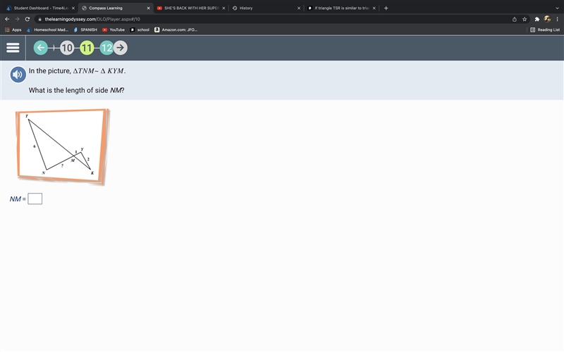 In the picture, ∆TNM~∆KYM. What is the length of side NM?-example-1