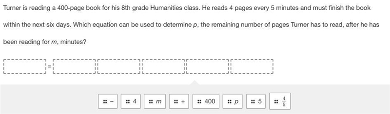 Turner is reading a 400-page book for his 8th grade Humanities class. He reads 4 pages-example-1