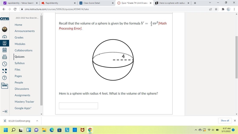 Recall that the volume of a sphere is given by the formula V=(4)/(3) \pi r^(3). Here-example-1