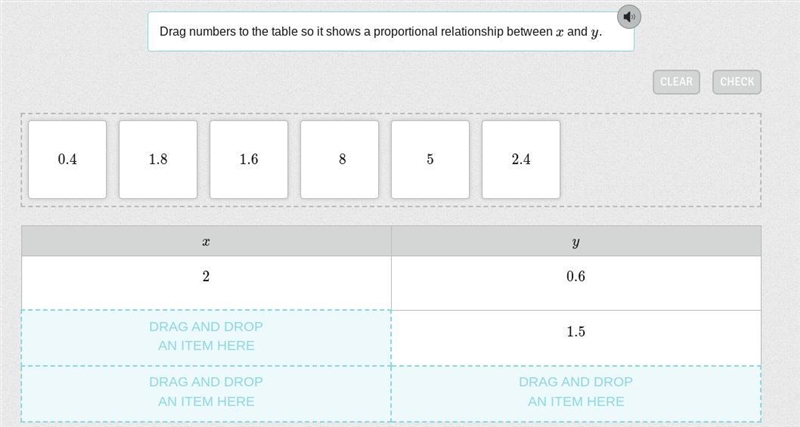 Drag numbers to the table so it shows a proportional relationship between x and y-example-1