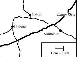 Scale is 1cm = 8km. Hatboro and Smithville are 24cm apart on the map, what is the-example-1