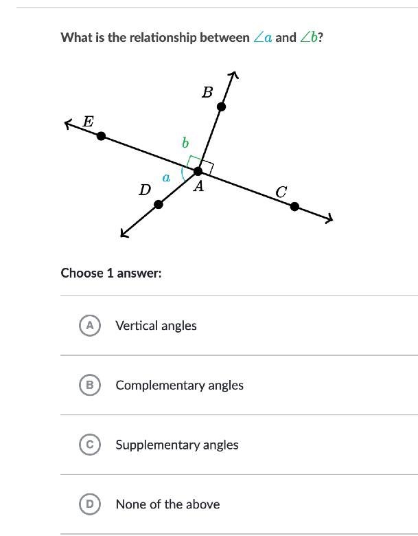 PLEASE HELP BEST U CAN What is the relationship between \blueD{\angle a}∠astart color-example-1