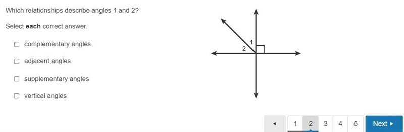 Which relationships describe angles 1 and 2? Select each correct answer.-example-1