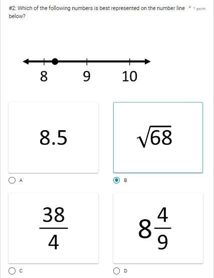 I know it's either B: √(68) or D: 8 (4)/(9), but I'm not sure which one is the best-example-1