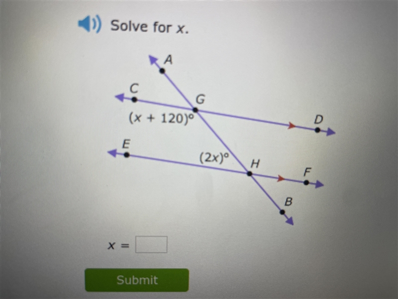 Hey! I have a assignment due soon about transversals of parallel line: solve for x-example-1