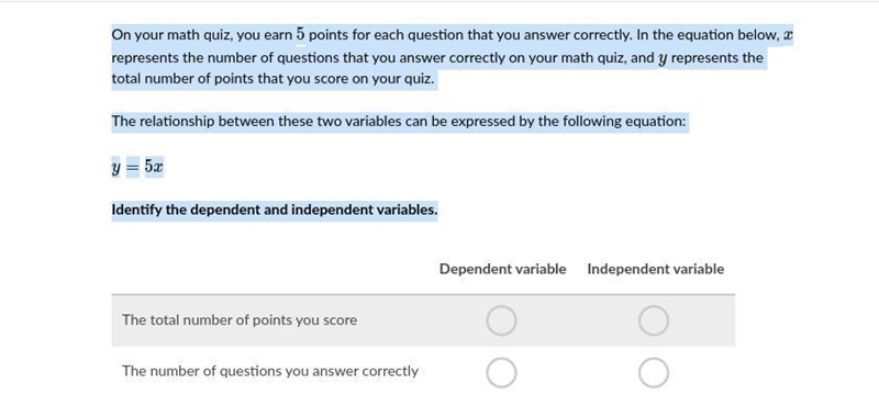 On your math quiz, you earn 555 points for each question that you answer correctly-example-1