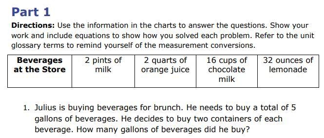 Julius is buying beverages for brunch. He needs to buy a total of 5 gallons of beverages-example-1