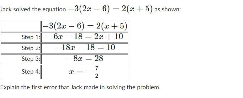 Jack solved the equation -3(2x-6)=2(x+5) What was the first mistake he made-example-1