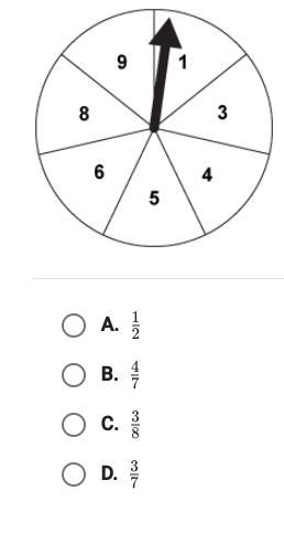 HELP AND HURRY This spinner is spun one time. What is the probability of the arrow-example-1