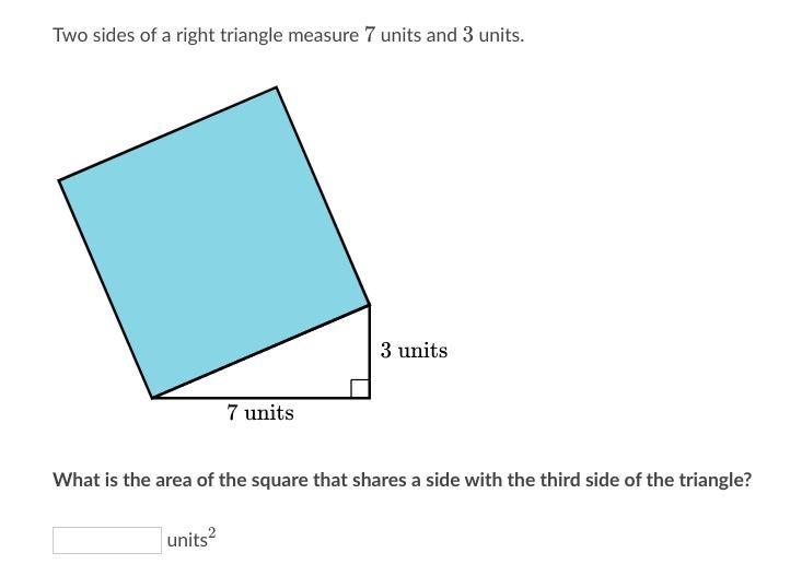 Two sides of a right triangle measure 7 units and 3 units.-example-1