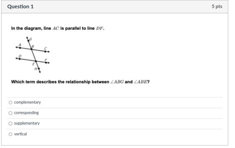 In the diagram, line AC is parallel to line DF. witch term describes the relationship-example-1