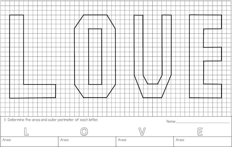 Determine the area and outer perimeter of the L O V E-example-1