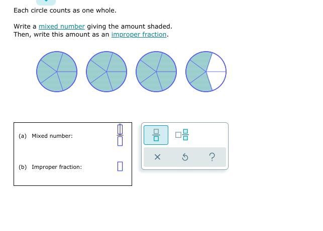 Each circle counts as one whole. Write a mixed number giving the amount shaded. Then-example-1