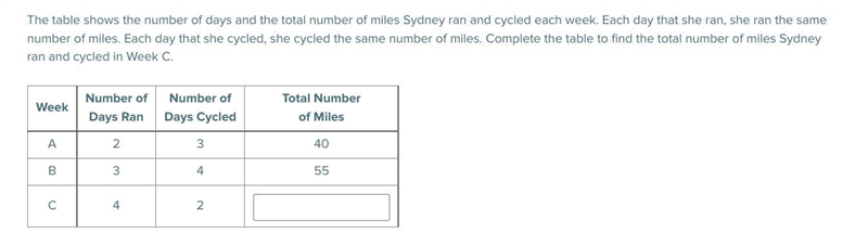 The table shows the number of days and the total number of miles Sydney ran and cycled-example-1