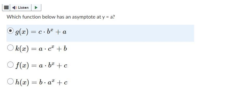 Which function below has an asymptote at y = a?-example-1